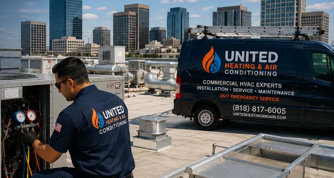 United Heating & Air Conditioning technician servicing a commercial rooftop HVAC unit overlooking the Los Angeles skyline