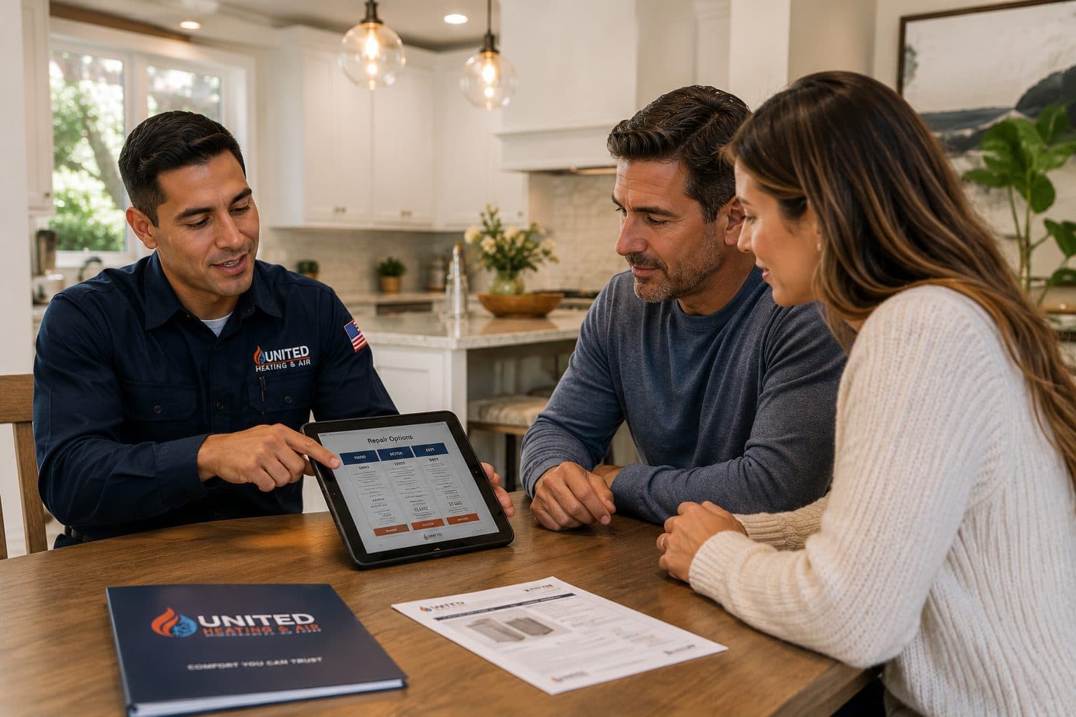 United Heating & Air Conditioning comfort advisor reviewing system options with homeowners at their kitchen table
