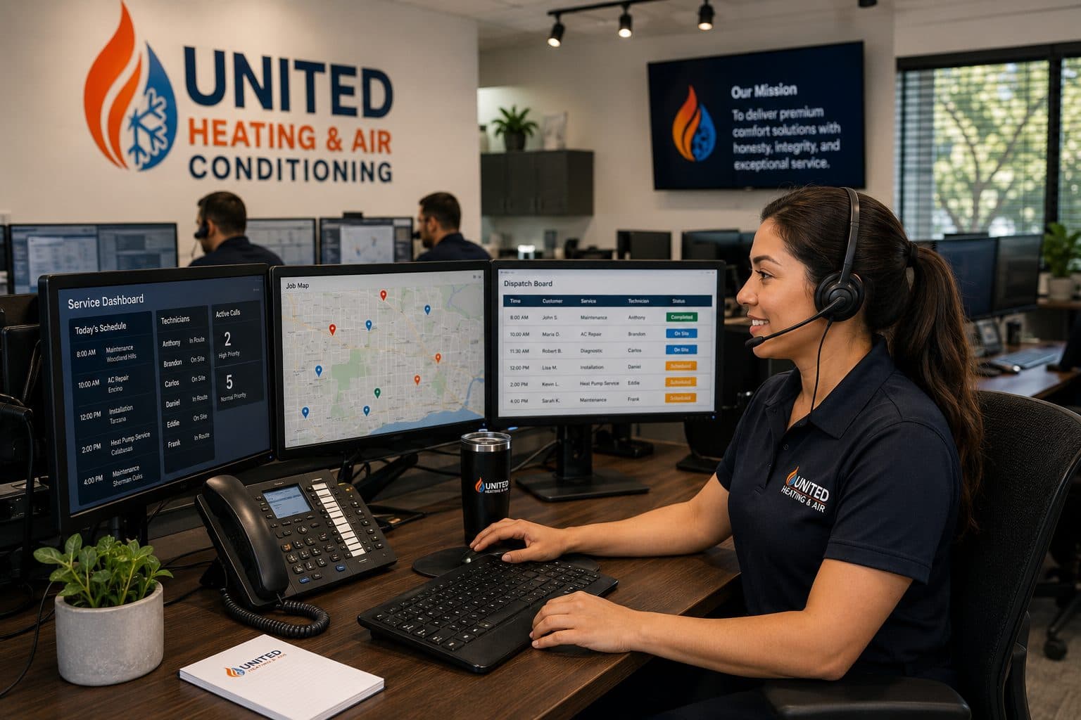United Heating & Air Conditioning dispatch office coordinating service calls across LA and Orange County