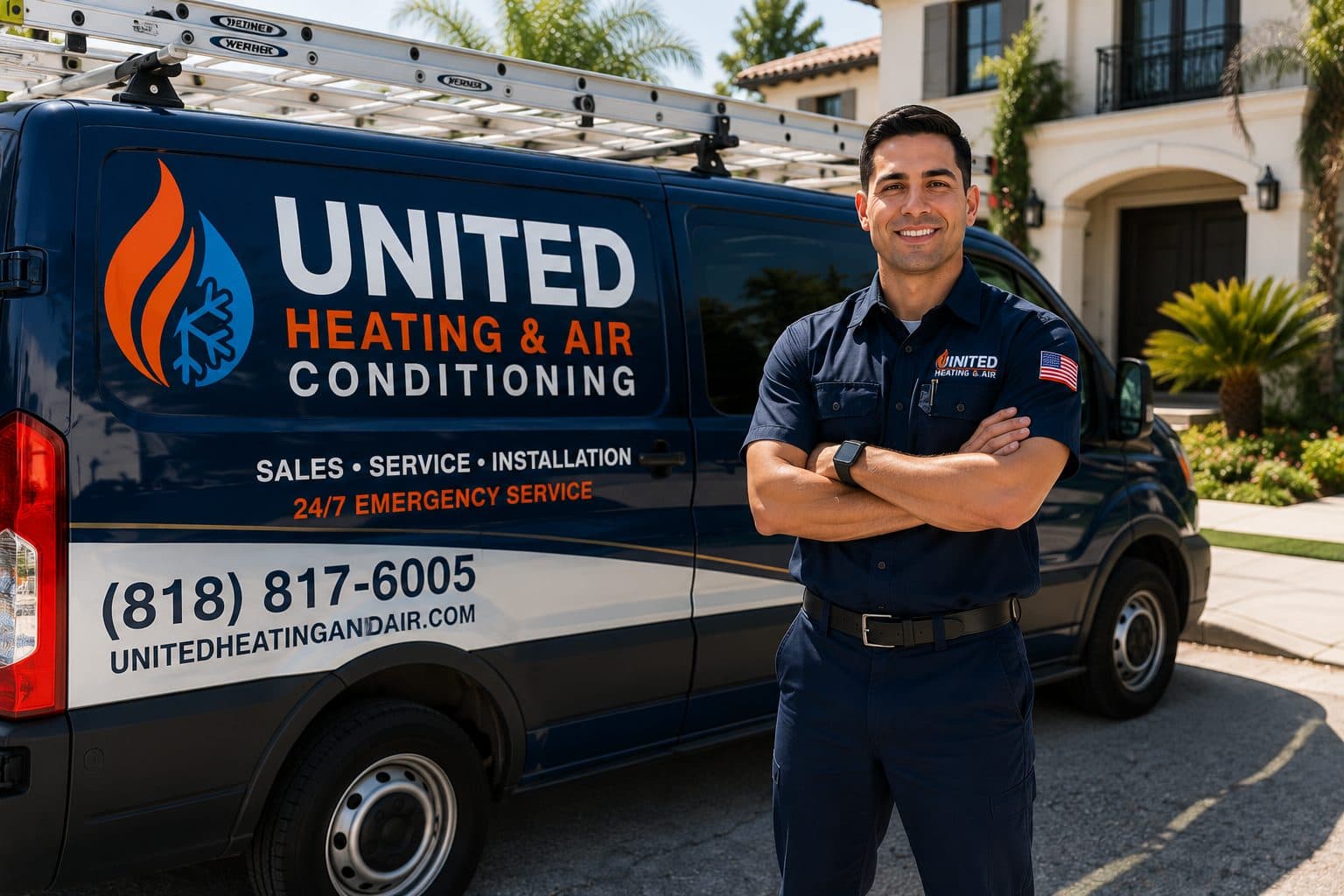 United Heating & Air Conditioning technician standing by a branded service van at a Los Angeles home