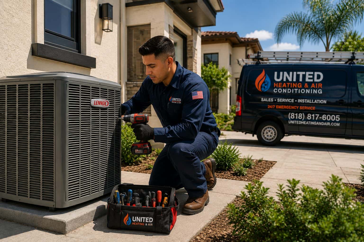 Technician installing a new air conditioning condenser unit at a Southern California home