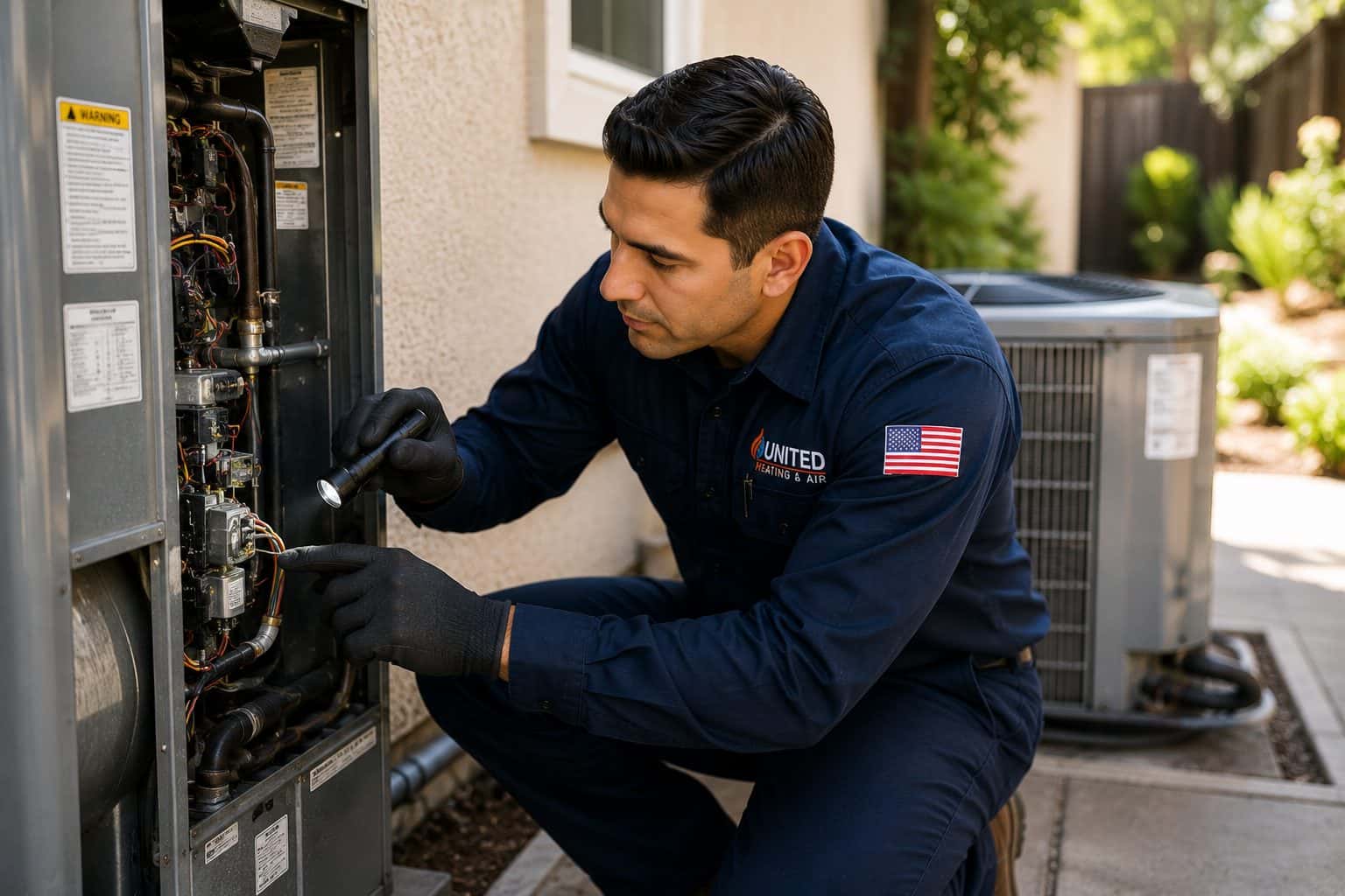 United Heating & Air Conditioning technician diagnosing an air conditioner condenser at a Los Angeles home