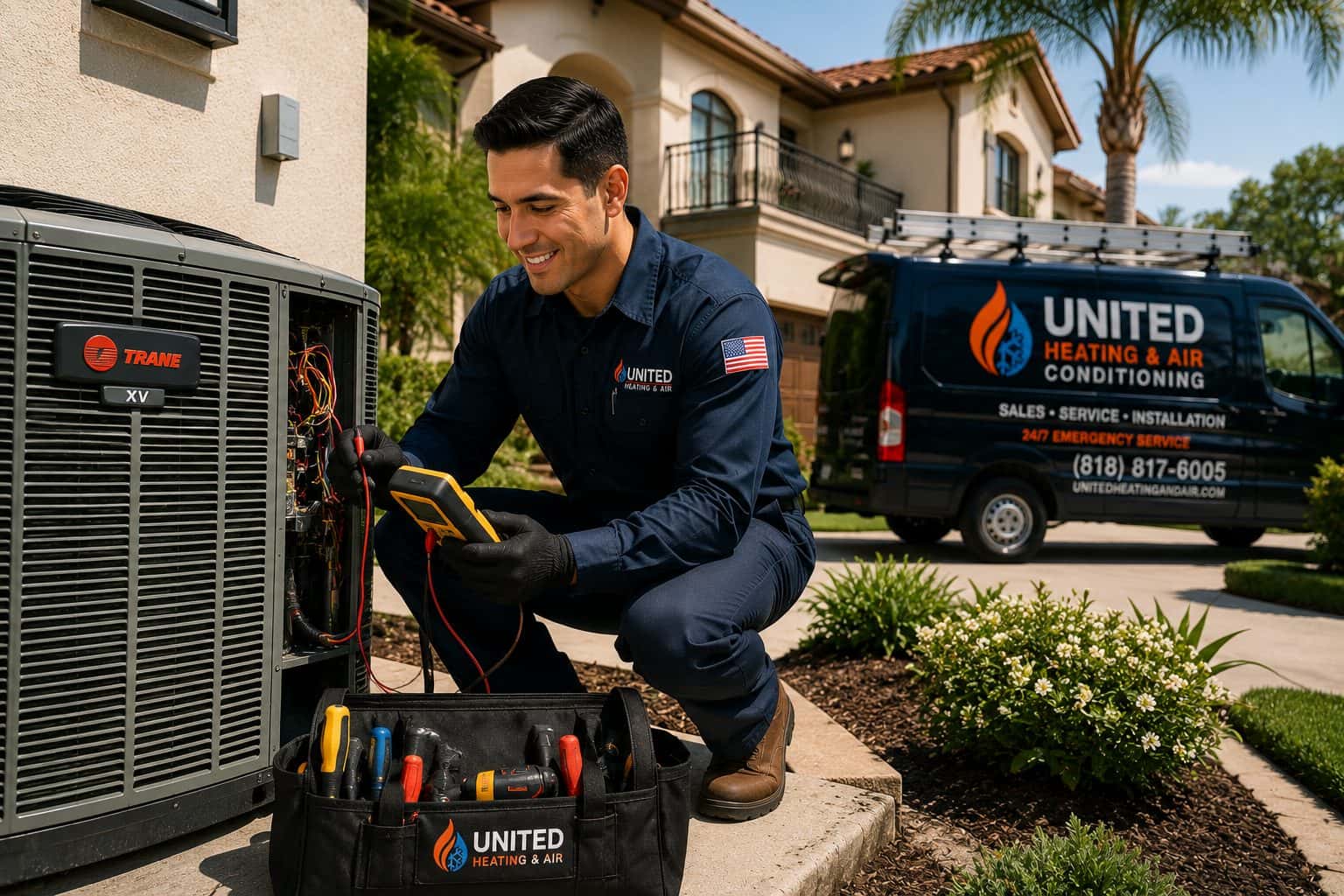 Technician performing electrical diagnostics on an HVAC system during a maintenance tune-up