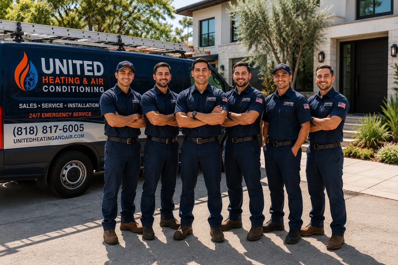 The United Heating & Air Conditioning technician team in front of a branded service van in Los Angeles