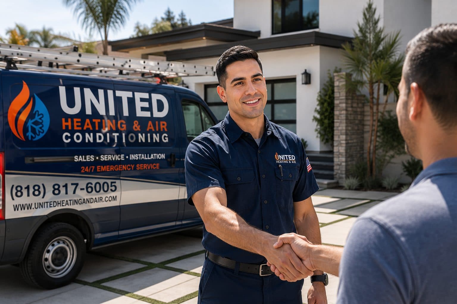 United Heating & Air Conditioning technician shaking hands with a homeowner in front of the service van