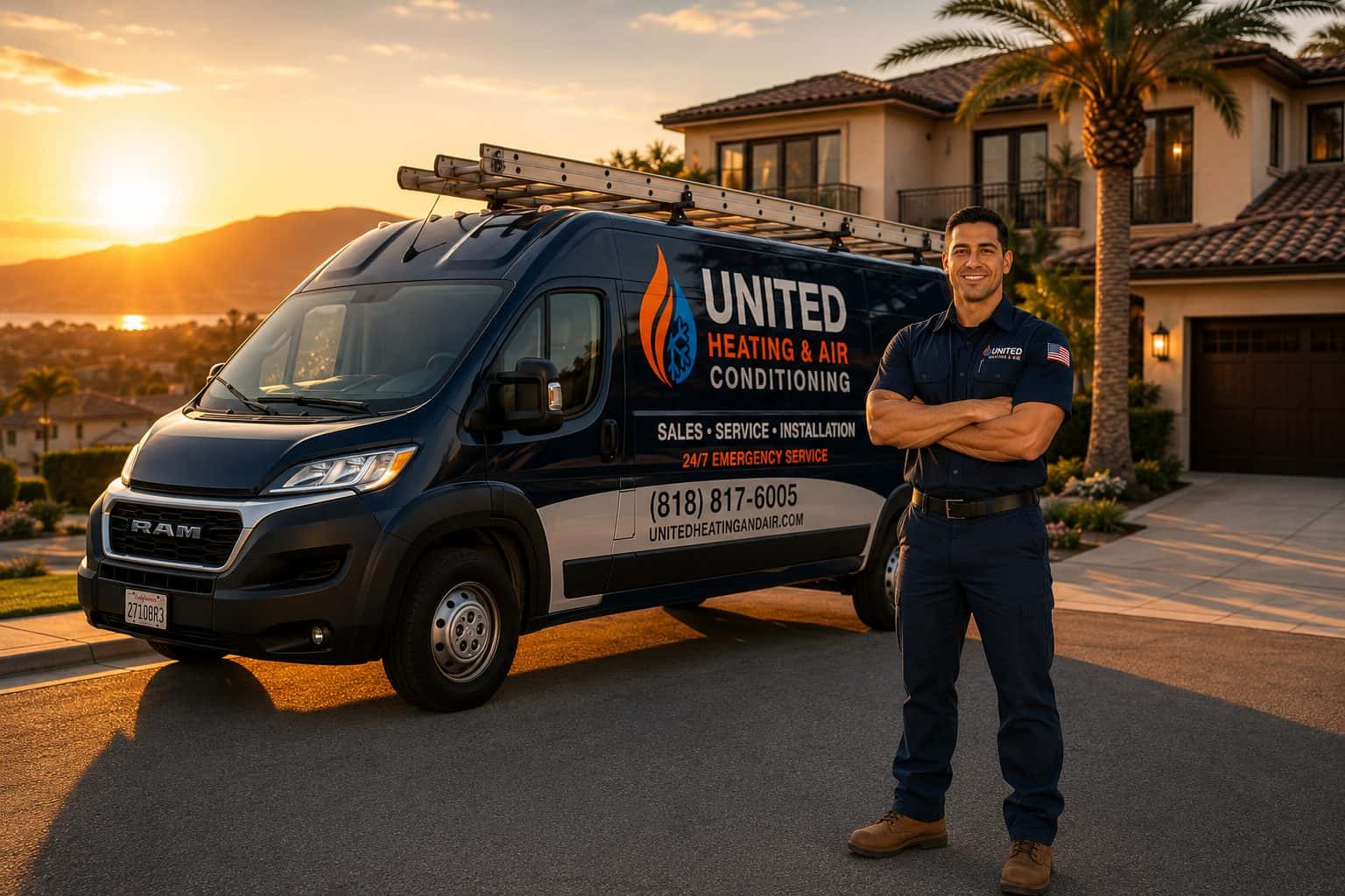 United Heating & Air Conditioning emergency service van at a hillside Los Angeles home at sunset