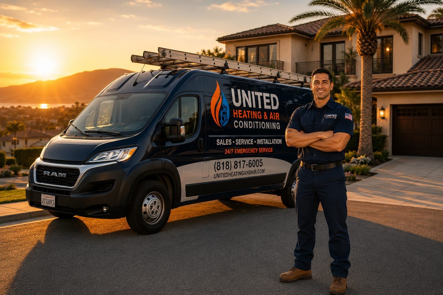 United Heating & Air Conditioning emergency service van at a hillside Los Angeles home at sunset